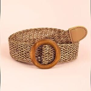 Classic Round Buckle Vegan Straw Belt Boho Brown Braided Wide Belt Fix Size S-L